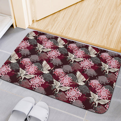 Japanese Cranes And Chrysanthemums Print Indoor Door Mat