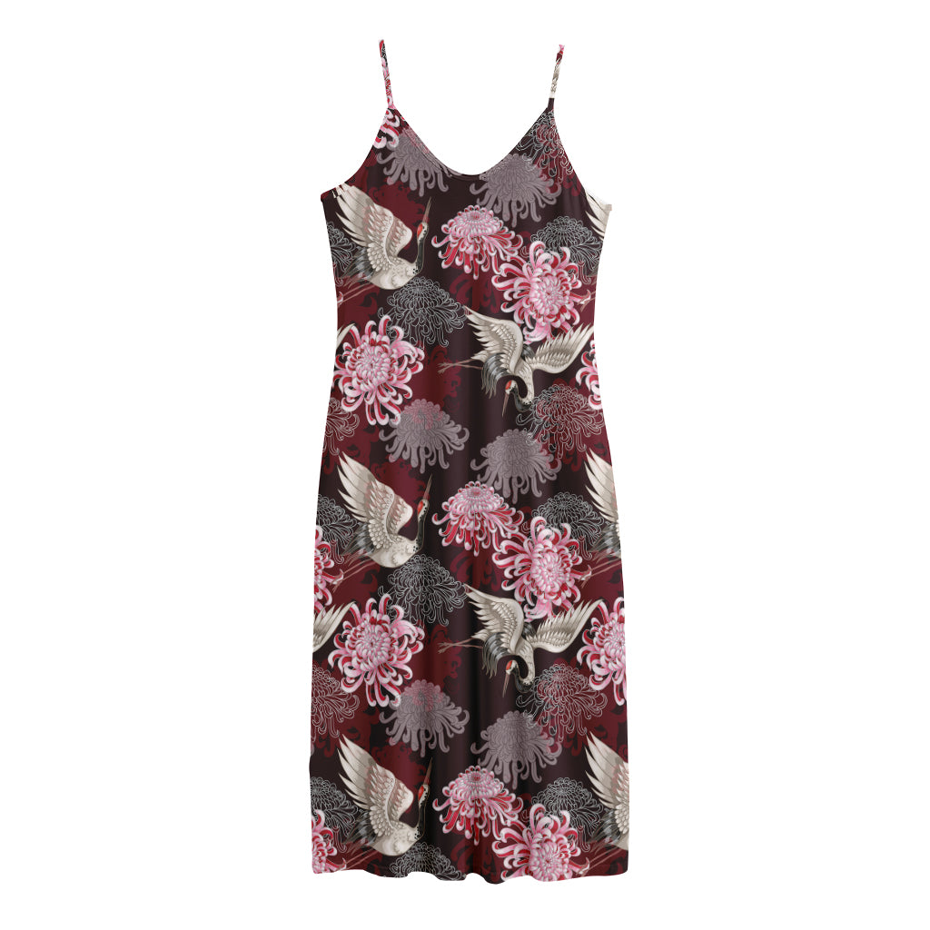 Japanese Cranes And Chrysanthemums Print Jersey Midi Cami Dress