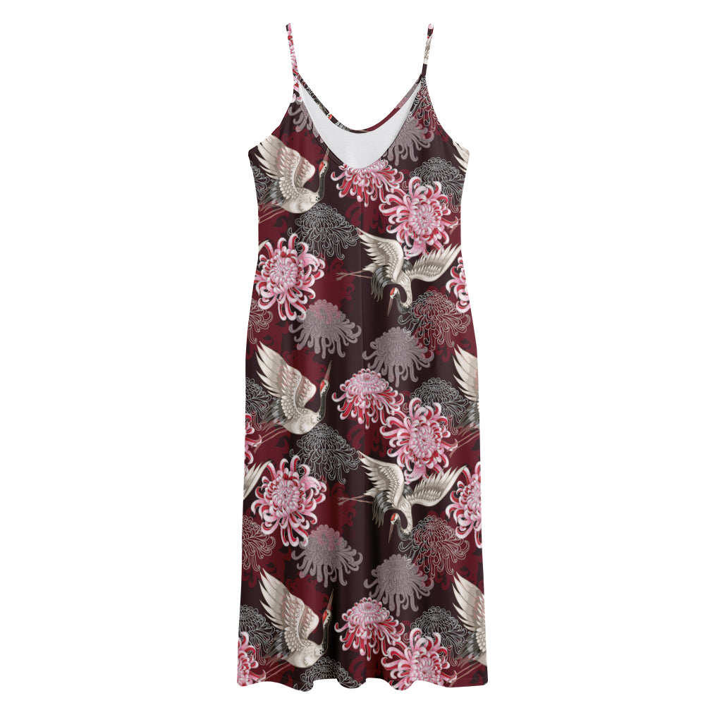 Japanese Cranes And Chrysanthemums Print Jersey Midi Cami Dress