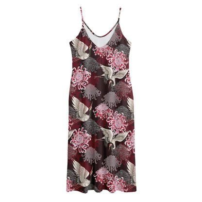 Japanese Cranes And Chrysanthemums Print Jersey Midi Cami Dress