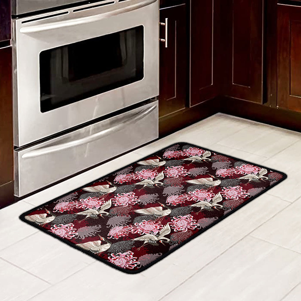 Japanese Cranes And Chrysanthemums Print Kitchen Mat