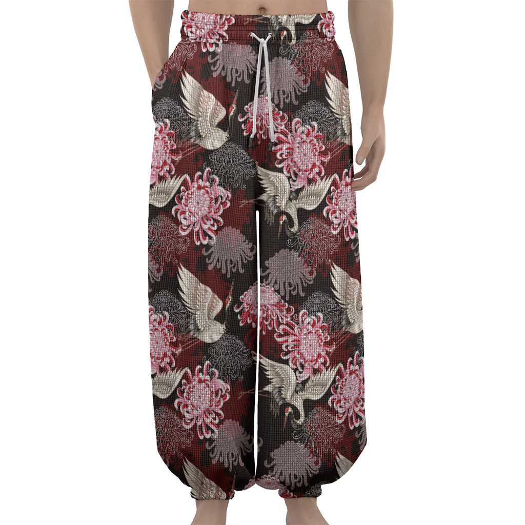 Japanese Cranes And Chrysanthemums Print Lantern Pants