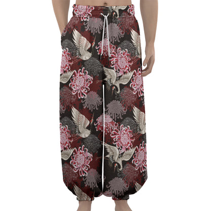 Japanese Cranes And Chrysanthemums Print Lantern Pants