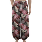 Japanese Cranes And Chrysanthemums Print Lantern Pants