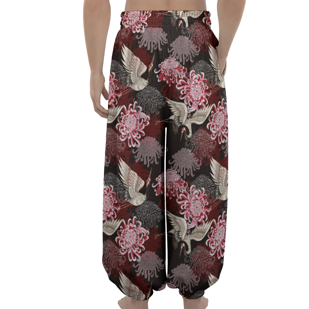 Japanese Cranes And Chrysanthemums Print Lantern Pants