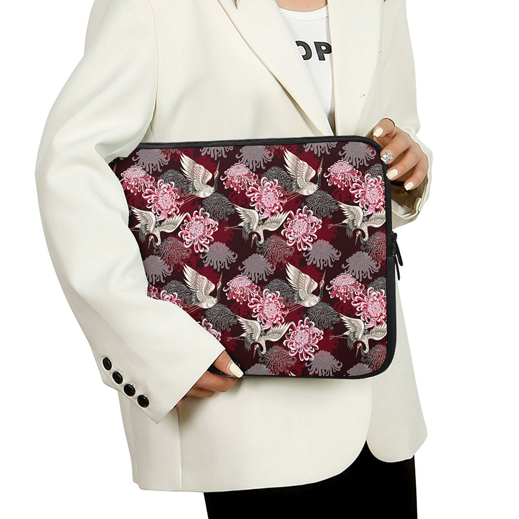 Japanese Cranes And Chrysanthemums Print Laptop Sleeve