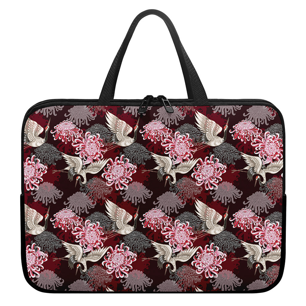 Japanese Cranes And Chrysanthemums Print Laptop Sleeve With Handle
