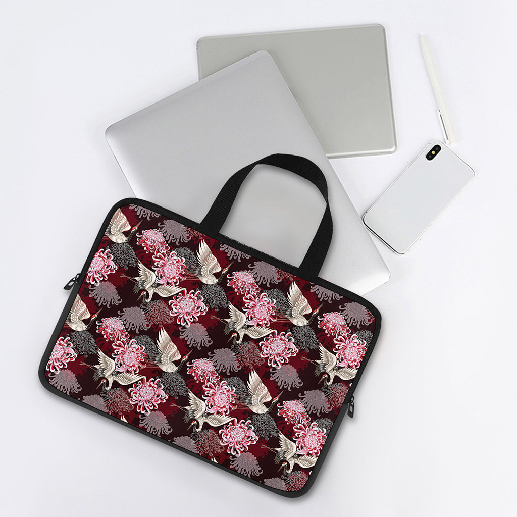 Japanese Cranes And Chrysanthemums Print Laptop Sleeve With Handle