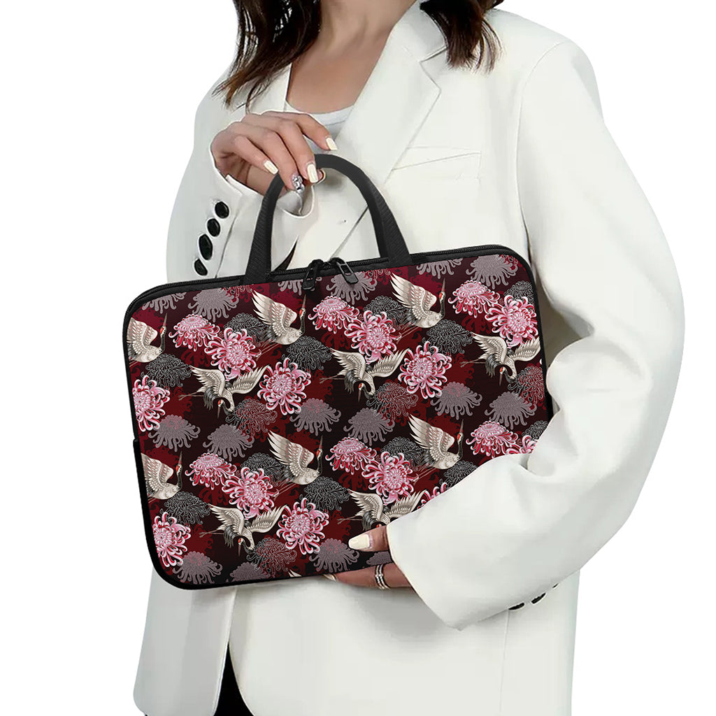 Japanese Cranes And Chrysanthemums Print Laptop Sleeve With Handle