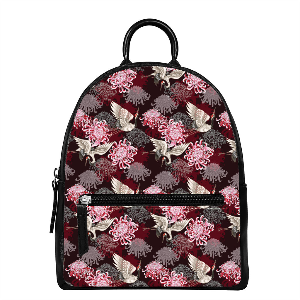 Japanese Cranes And Chrysanthemums Print Leather Backpack