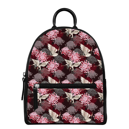 Japanese Cranes And Chrysanthemums Print Leather Backpack