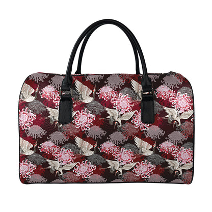 Japanese Cranes And Chrysanthemums Print Leather Duffle Bag