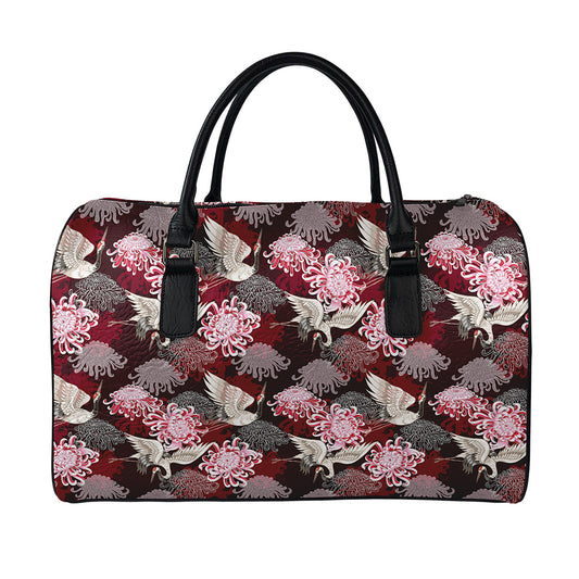 Japanese Cranes And Chrysanthemums Print Leather Duffle Bag