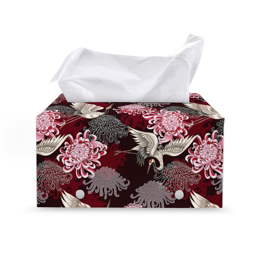 Japanese Cranes And Chrysanthemums Print Leather Tissue Box Cover