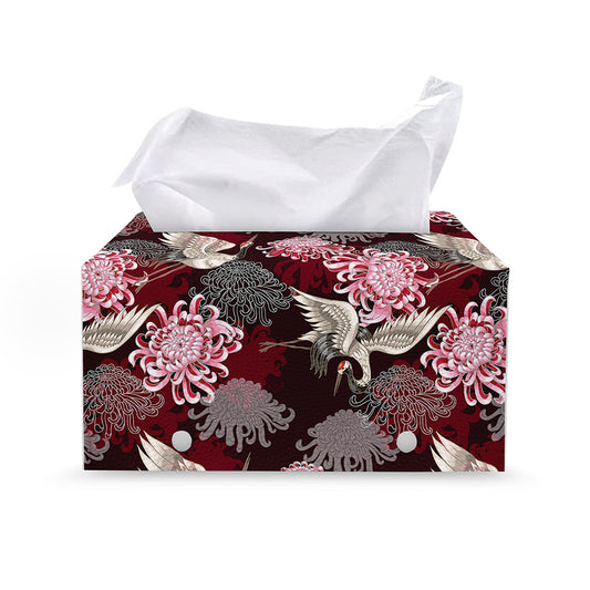 Japanese Cranes And Chrysanthemums Print Leather Tissue Box Cover