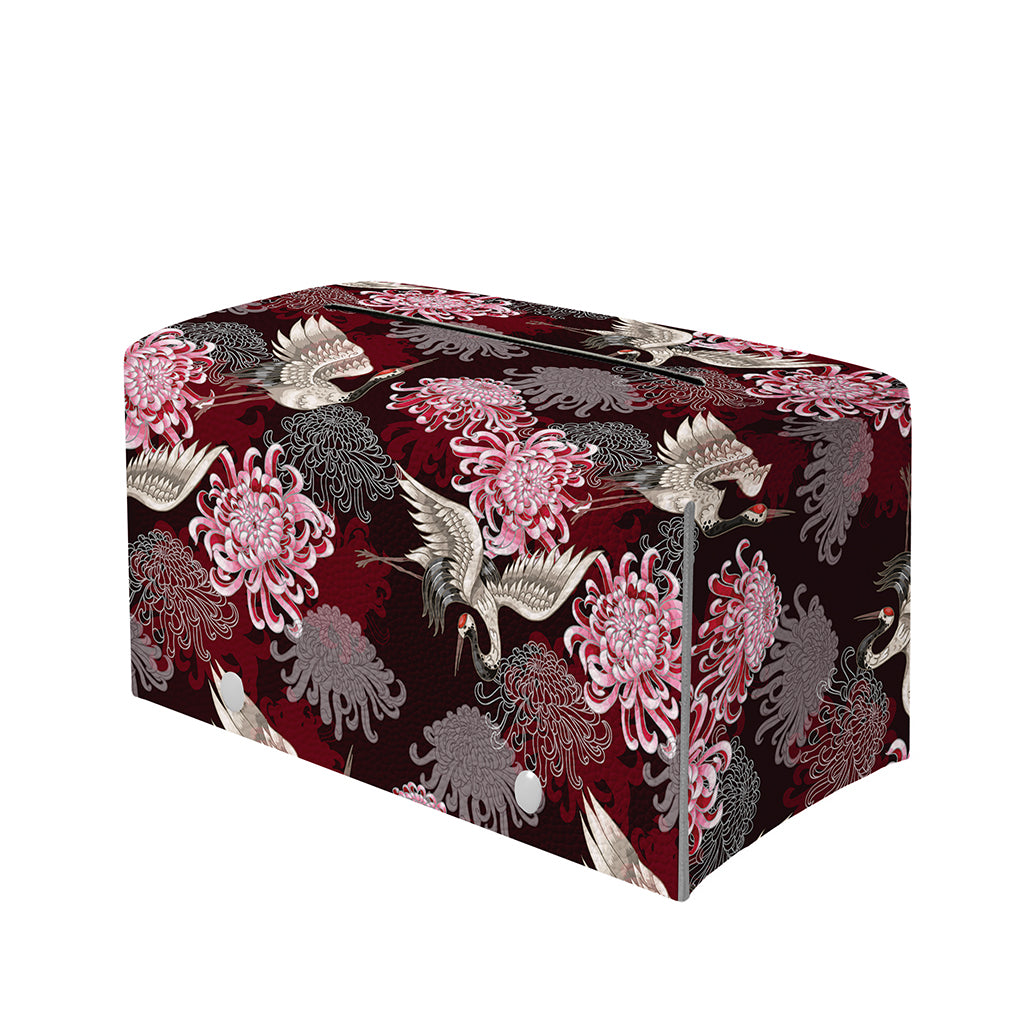 Japanese Cranes And Chrysanthemums Print Leather Tissue Box Cover
