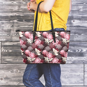 Japanese Cranes And Chrysanthemums Print Leather Tote Bag