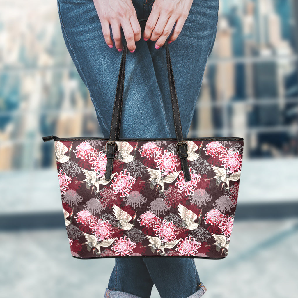 Japanese Cranes And Chrysanthemums Print Leather Tote Bag