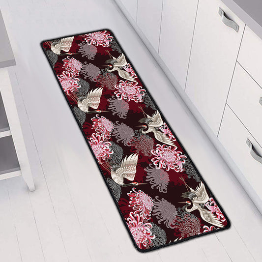 Japanese Cranes And Chrysanthemums Print Long Kitchen Mat