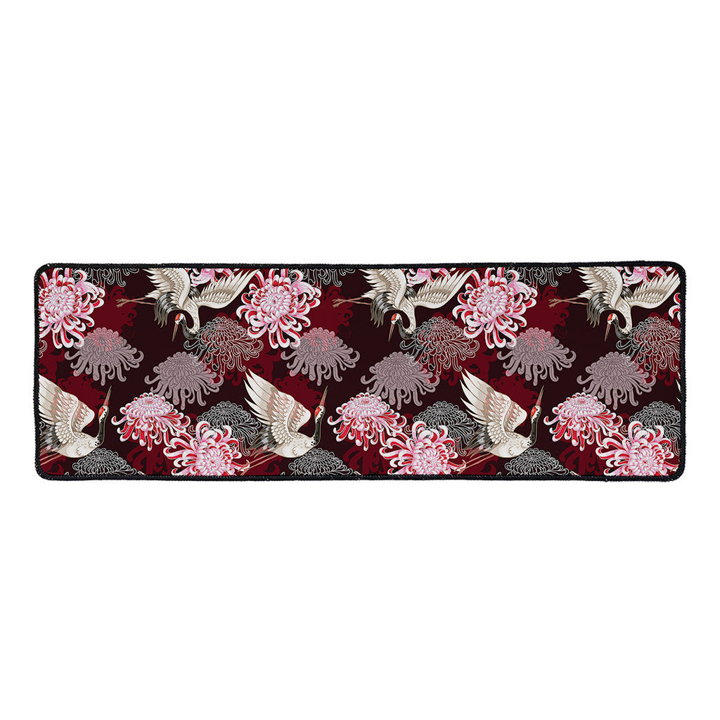 Japanese Cranes And Chrysanthemums Print Long Kitchen Mat