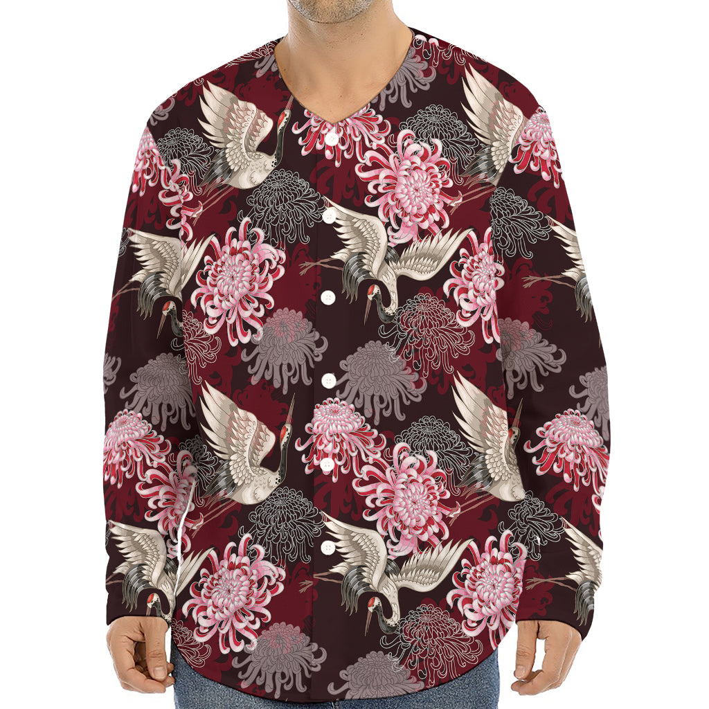 Japanese Cranes And Chrysanthemums Print Long Sleeve Baseball Jersey