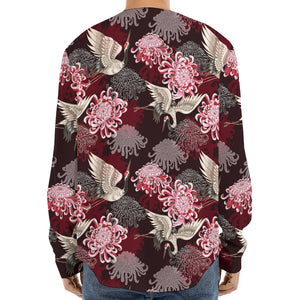 Japanese Cranes And Chrysanthemums Print Long Sleeve Baseball Jersey