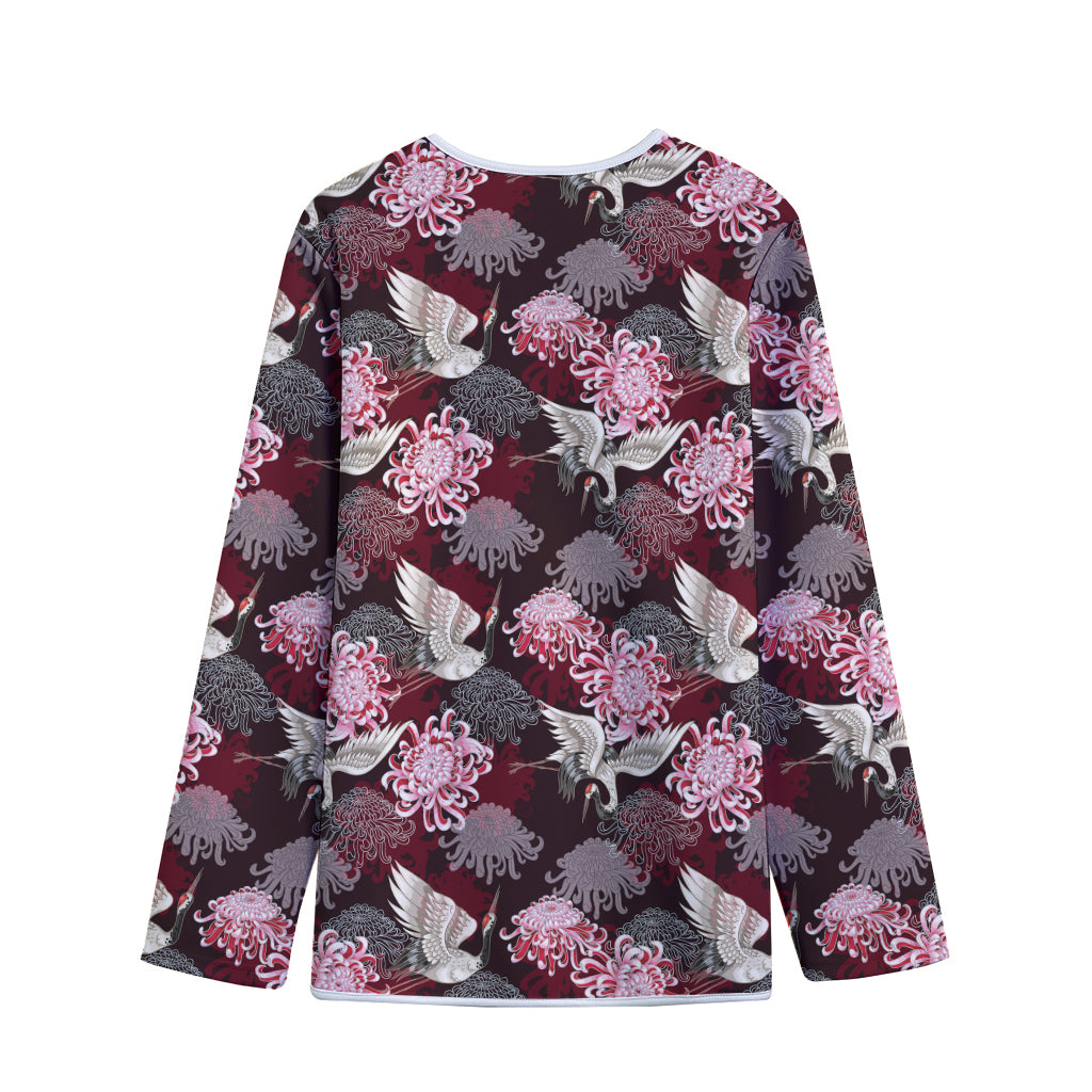 Japanese Cranes And Chrysanthemums Print Long Sleeve Short Coat