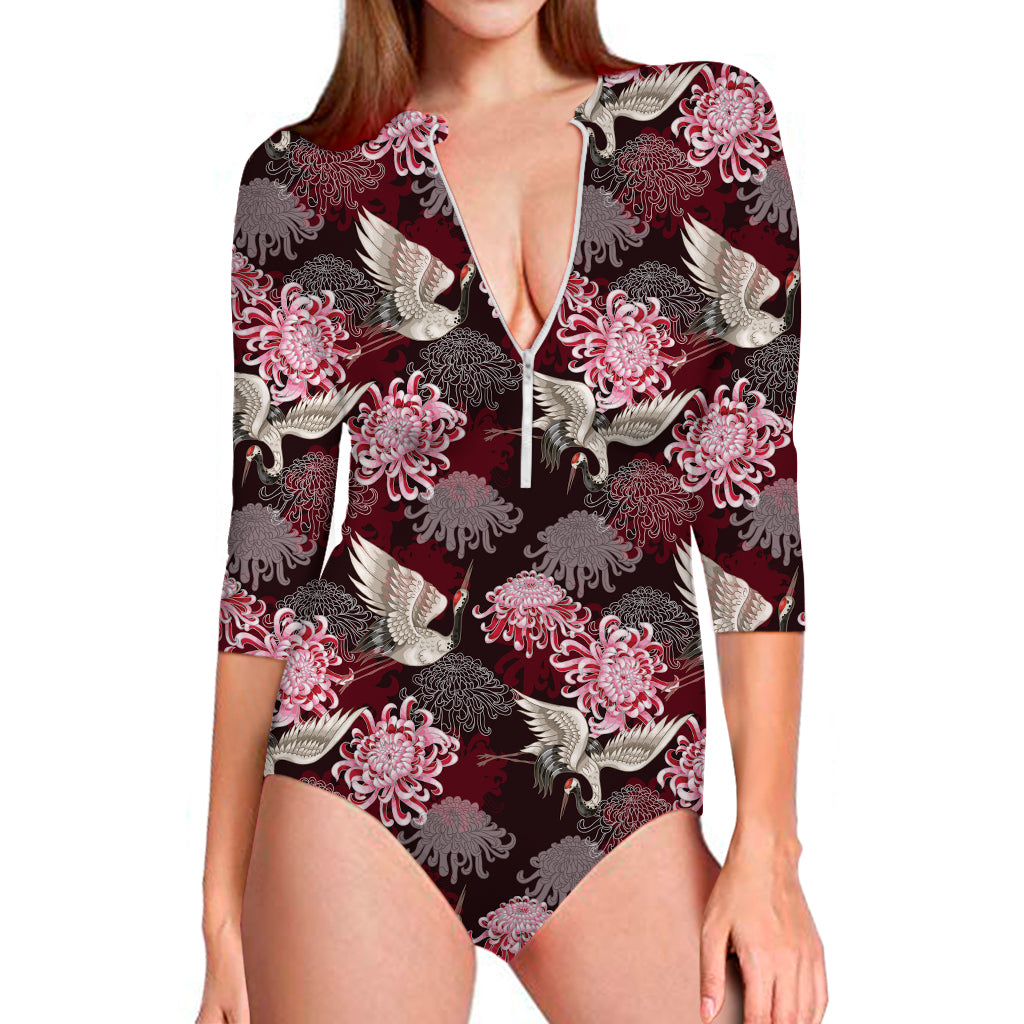 Japanese Cranes And Chrysanthemums Print Long Sleeve Swimsuit