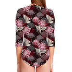 Japanese Cranes And Chrysanthemums Print Long Sleeve Swimsuit