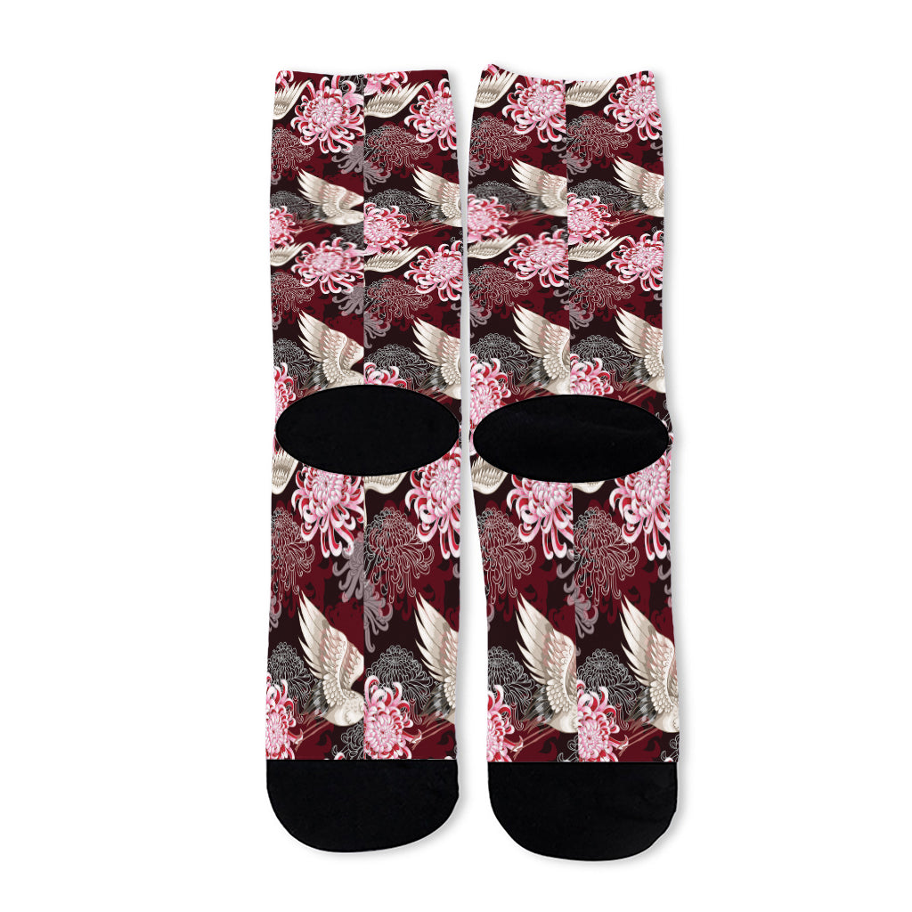 Japanese Cranes And Chrysanthemums Print Long Socks