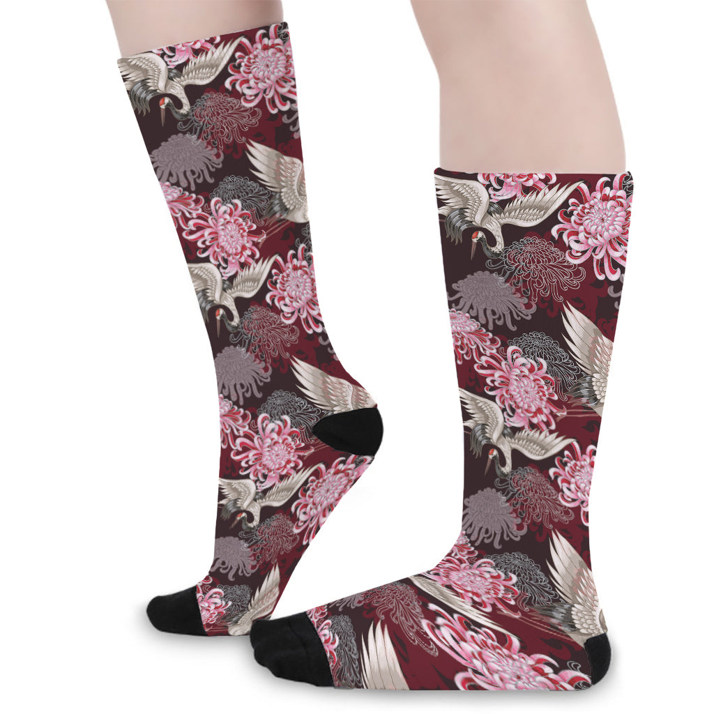 Japanese Cranes And Chrysanthemums Print Long Socks