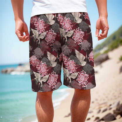 Japanese Cranes And Chrysanthemums Print Men's Cargo Shorts