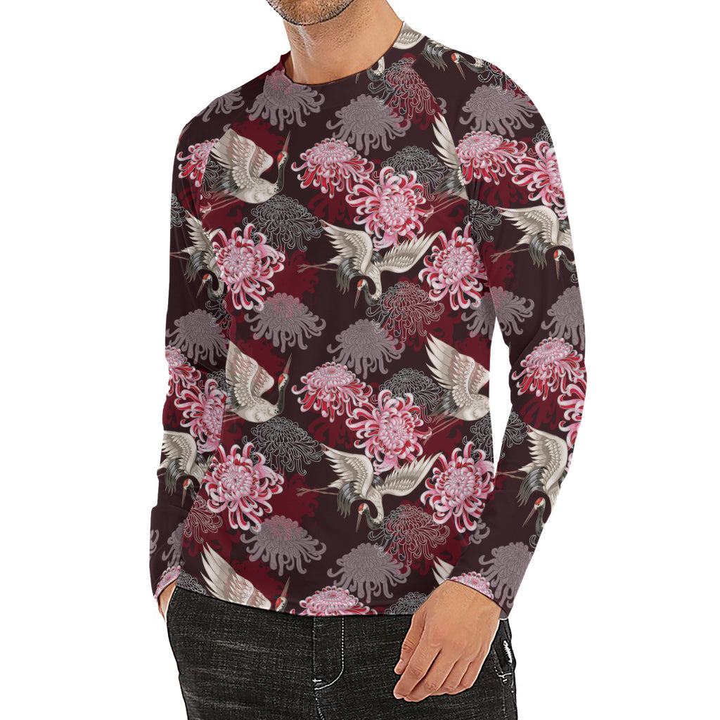Japanese Cranes And Chrysanthemums Print Men's Long Sleeve Rash Guard