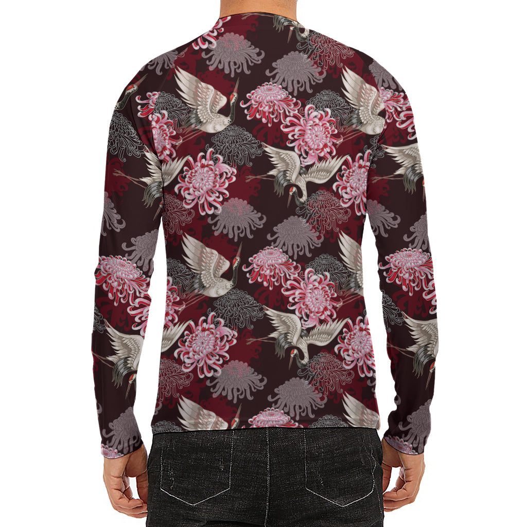 Japanese Cranes And Chrysanthemums Print Men's Long Sleeve Rash Guard