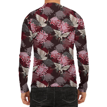 Japanese Cranes And Chrysanthemums Print Men's Long Sleeve Rash Guard