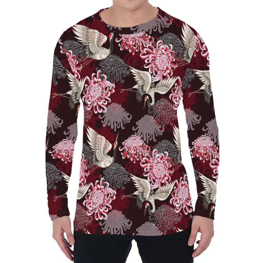 Japanese Cranes And Chrysanthemums Print Men's Long Sleeve T-Shirt