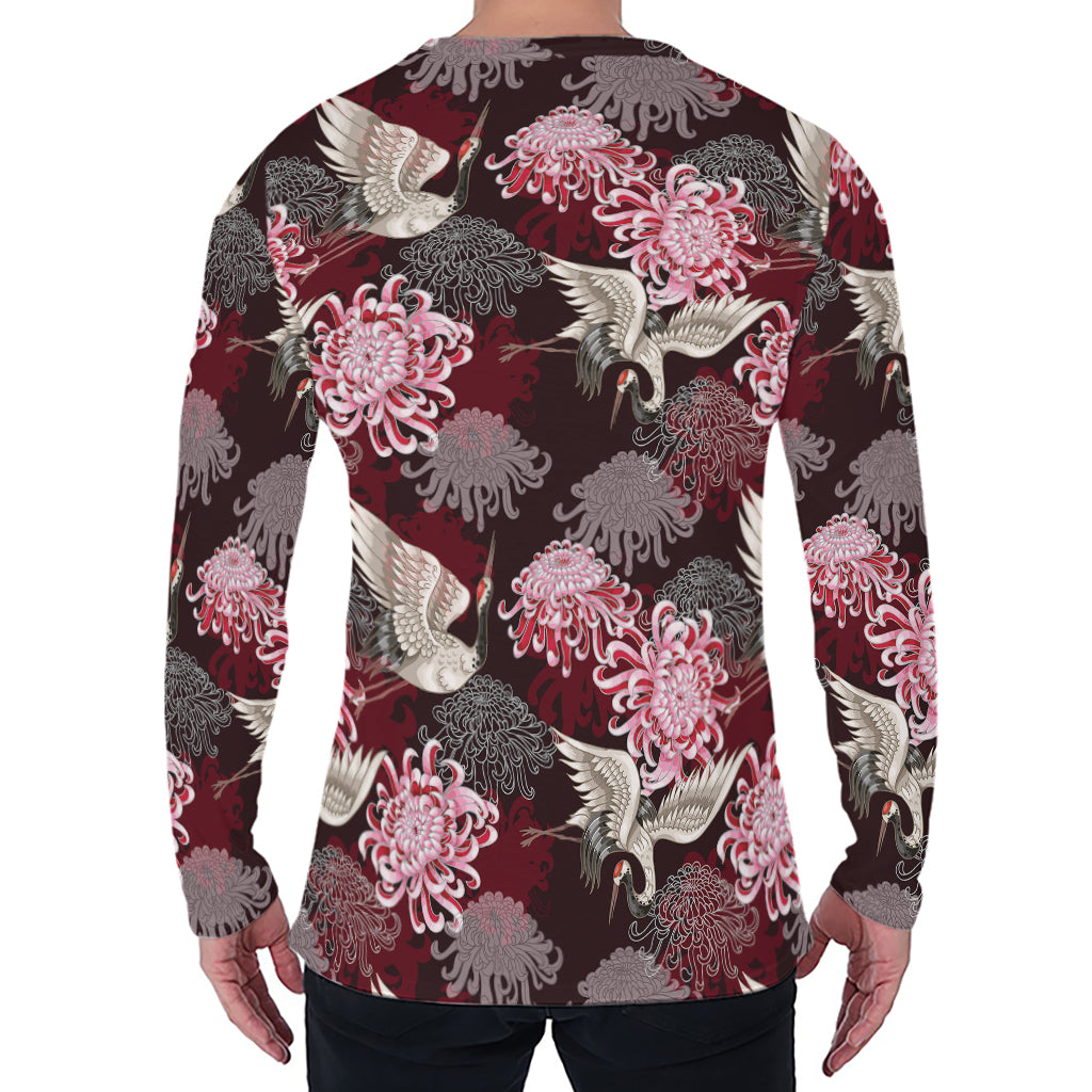 Japanese Cranes And Chrysanthemums Print Men's Long Sleeve T-Shirt