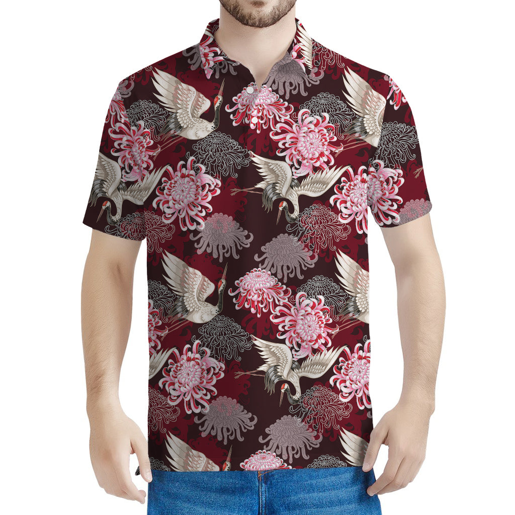 Japanese Cranes And Chrysanthemums Print Men's Polo Shirt