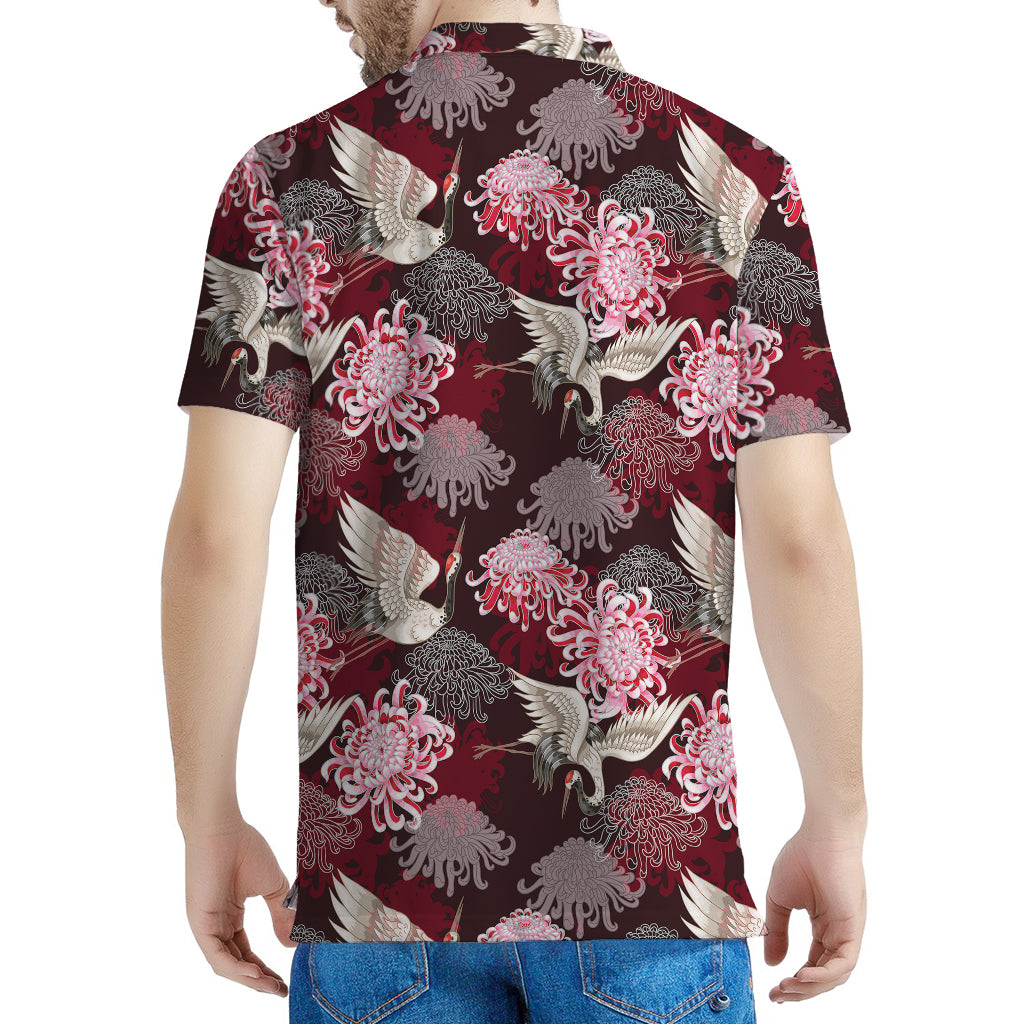 Japanese Cranes And Chrysanthemums Print Men's Polo Shirt