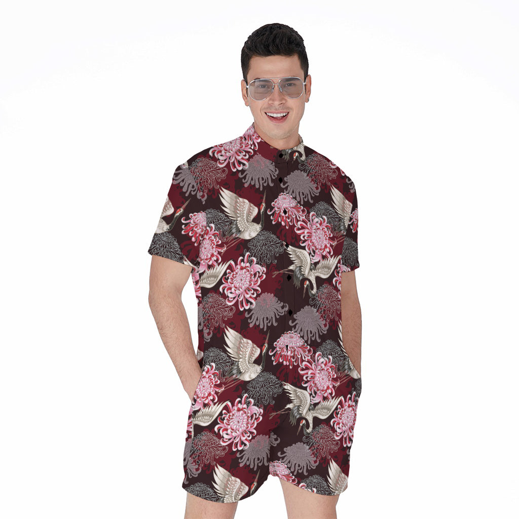 Japanese Cranes And Chrysanthemums Print Men's Rompers