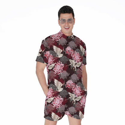 Japanese Cranes And Chrysanthemums Print Men's Rompers