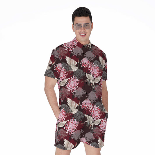 Japanese Cranes And Chrysanthemums Print Men's Rompers