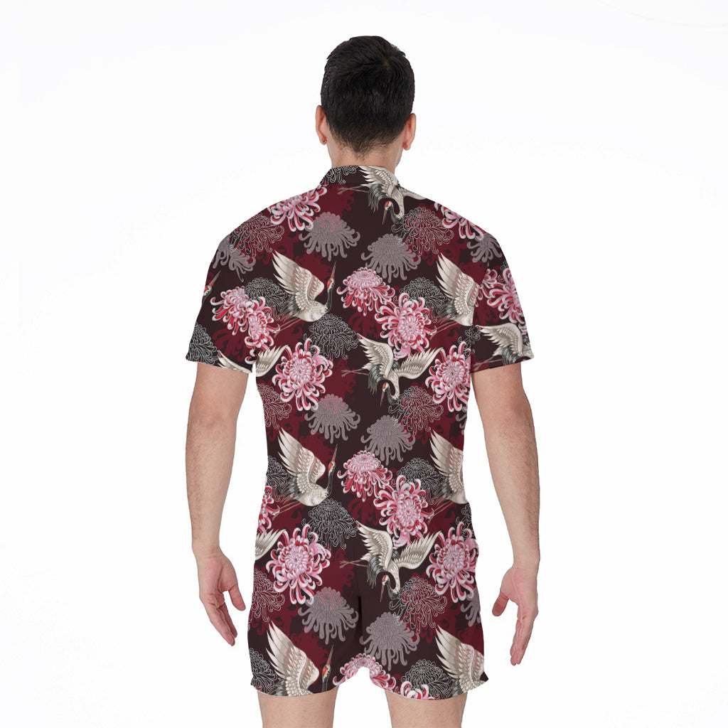 Japanese Cranes And Chrysanthemums Print Men's Rompers