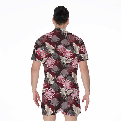 Japanese Cranes And Chrysanthemums Print Men's Rompers