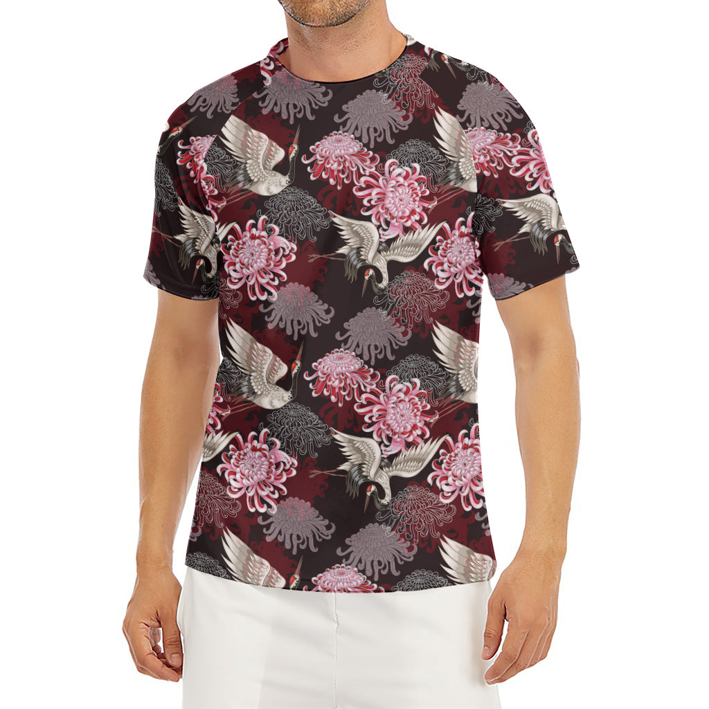 Japanese Cranes And Chrysanthemums Print Men's Short Sleeve Rash Guard