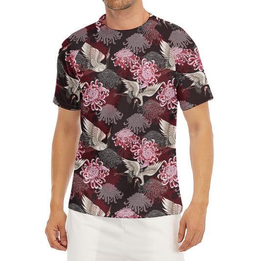 Japanese Cranes And Chrysanthemums Print Men's Short Sleeve Rash Guard
