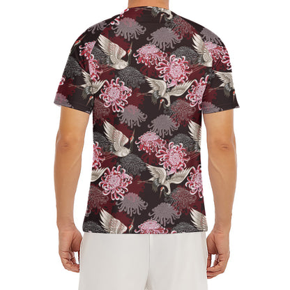 Japanese Cranes And Chrysanthemums Print Men's Short Sleeve Rash Guard