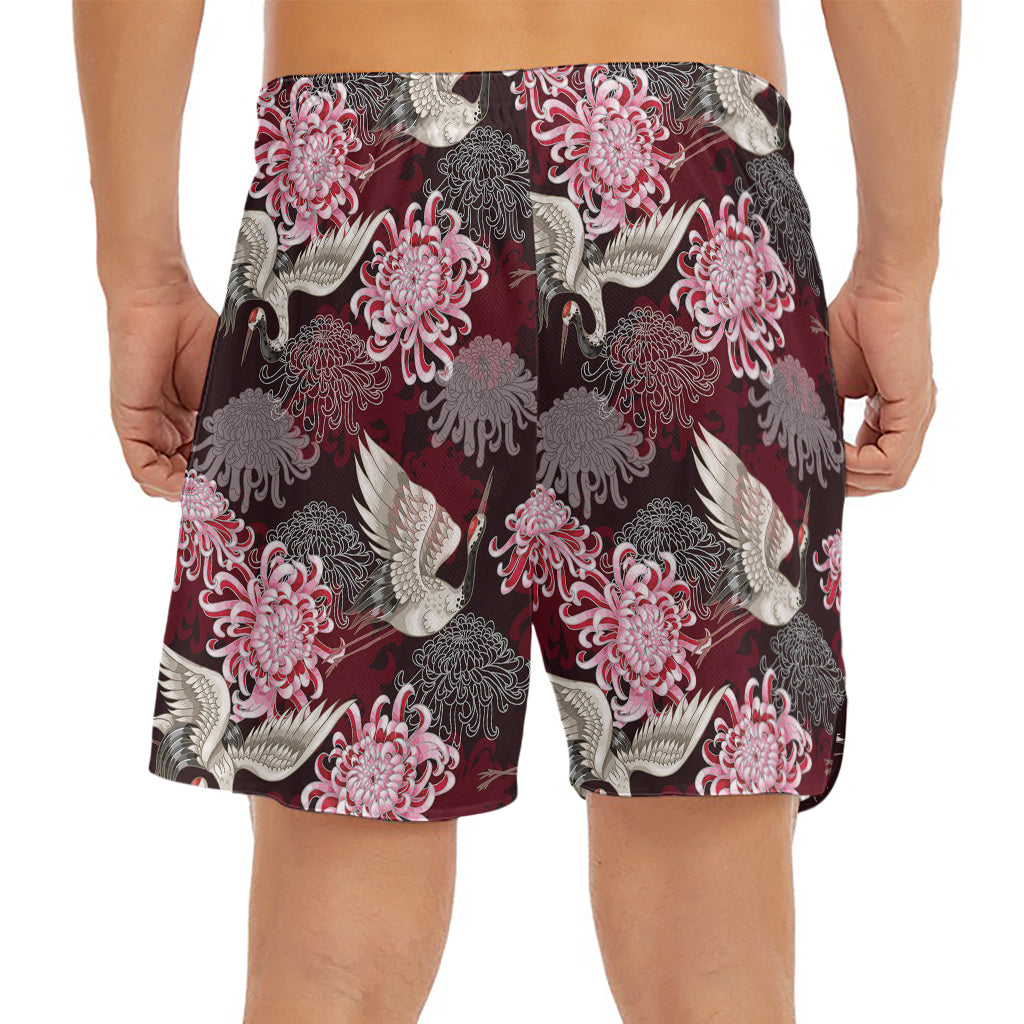 Japanese Cranes And Chrysanthemums Print Men's Split Running Shorts