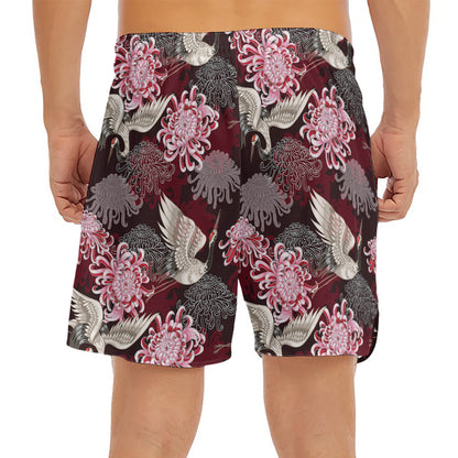 Japanese Cranes And Chrysanthemums Print Men's Split Running Shorts