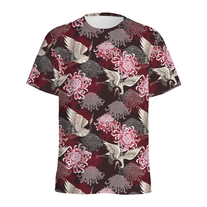 Japanese Cranes And Chrysanthemums Print Men's Sports T-Shirt